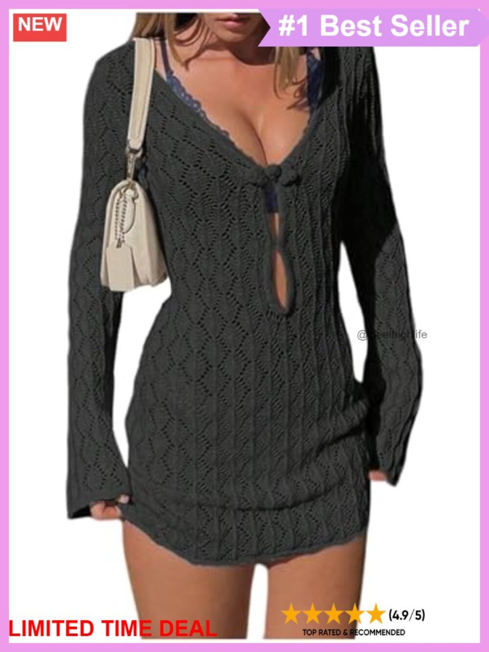 Crochet Knit Long Sleeve V-Neck Mini Beach Cover-Up Dress